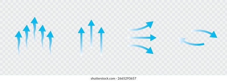 Fluxo de ar. Conjunto de setas azuis mostrando a direção do movimento do ar. Setas de direção do vento. Conjunto vetorial de setas de fluxo de ar. Setas azuis de fluxo de ar mostrando a circulação e a ventilação do vento. 
