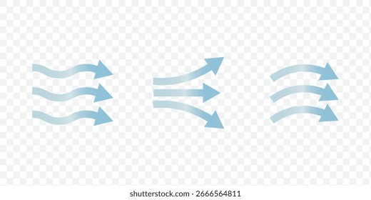 Air flow. Set of blue arrows showing direction of air movement. Wind direction arrows. Blue cold fresh stream from the conditioner. Vector illustration isolated on transparent background.