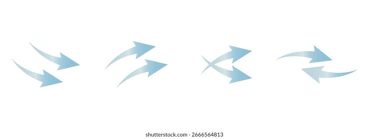 Fluxo de ar. Conjunto de setas azuis mostrando a direção do movimento do ar. Setas de direção do vento. Corrente fresca frio azul do condicionador. Ilustração vetorial isolada no plano de fundo transparente.