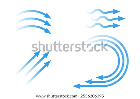 Air flow. Set of blue arrows showing direction of air movement. Wind direction arrows. Blue cold fresh stream from the conditioner.