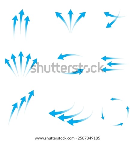 Air flow. Set of blue arrows showing direction of air movement. Wind direction arrows. Blue cold fresh stream from the conditioner.