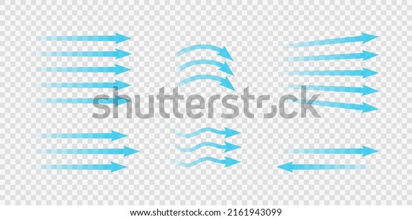 Air flow. Set of blue arrows showing\
direction of air movement. Wind direction arrows. Blue cold fresh\
stream from the conditioner. Vector illustration isolated on\
transparent background.
