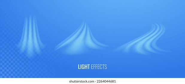 Air flow set of vector elements. Abstract light effect blowing from an air conditioner, purifier or humidifier. Dynamic isometric blurred motion wave concept of freshness of smell