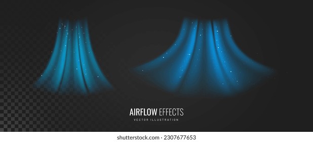 Air flow set of vector elements on a transparent background. Abstract light effect blowing from an air conditioner, purifier or humidifier. Dynamic blurred flow motion