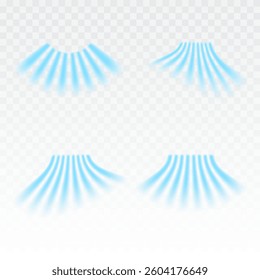 Air flow set of vector elements on a transparent background. Abstract light effect blowing from an air conditioner, purifier or humidifier. Dynamic blurred flow motion