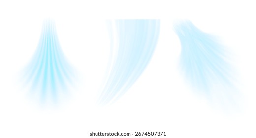 Air flow set of vector elements on a white background. Abstract light effect blowing from an air conditioner, purifier or humidifier. Dynamic blurred flow motion	