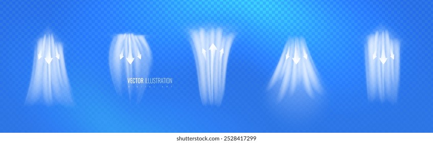 Conjunto de fluxo de ar de elementos translúcidos vetoriais sobre o fundo da grade de luz. Efeito de luz abstrato soprando de um ar condicionado, purificador ou umidificador. Movimento dinâmico de fluxo desfocado