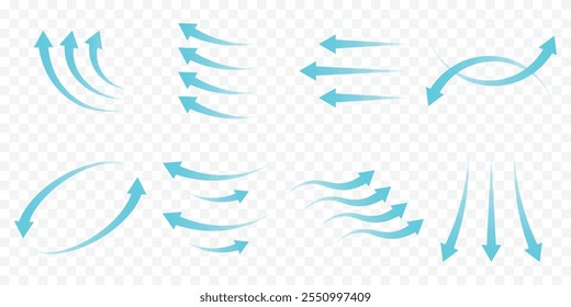 Fluxo de ar mostrando o movimento do ar das setas. Ventilação para casa fresca, quente ou fria a partir da direção do ventilador ou do ar condicionado vento. Conjunto de seta azul mostrando o ícone de fluxo de ar do vento isolado no fundo branco.