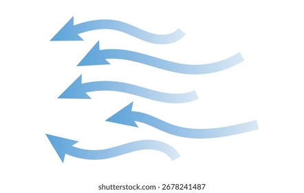 Air flow showing air movement of arrows. Ventilation home fresh, hot or cold from fan or air conditioner wind direction. Set of blue arrow showing wind air flow icon isolated on white background.