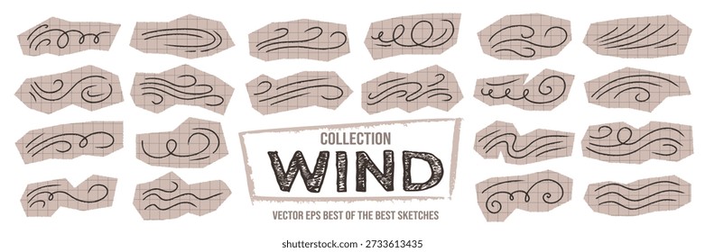 Air flow and speed depicted in a wind breeze doodle for scrapbooking. Background textures for eco-friendly brand packaging with a subtle wind breeze doodle.