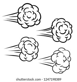Air flow of and steam jet. Comic drawing. Set of gray smoke. Cloud with bubbles of smoke.