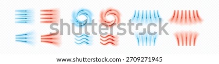 Air flow vector set. Red and blue arrows showing wind direction of air movement. Cold and hot streams. Dynamic blurred flow straight, swirl and wave movement isolated