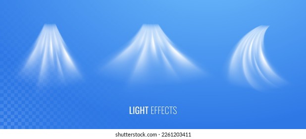 Air flow and water drop set of vector elements. Abstract light effect blowing from an air conditioner, purifier or humidifier. Dynamic isometric blurred motion flow