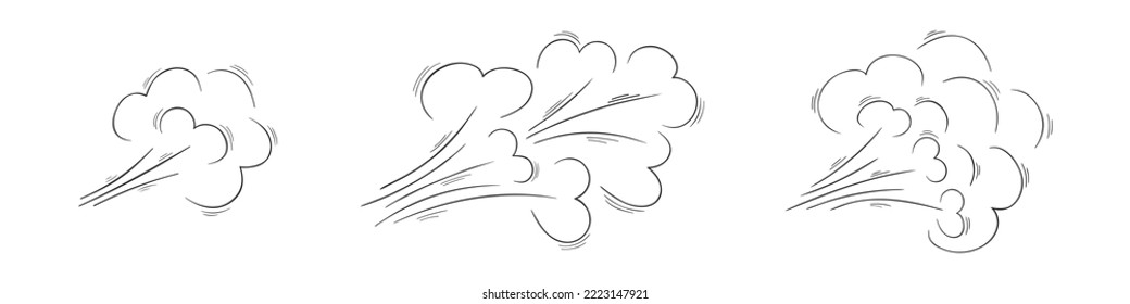 Air flow or wind blow doodle sketchtes. Swirl, gust, smoke, dust effect hand drawn icons isolated on white background. Vector graphic illustration.