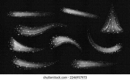 Air flow, wind blowing effect, fresh cold trails with snowflakes. Clean light mist, smoke or blizzard isolated on black background. White flow streams, freezing fog, Realistic 3d vector illustration