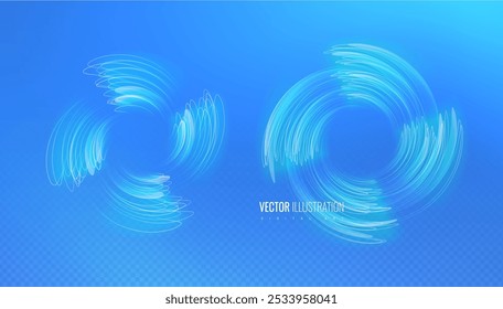 Concepto de conjunto de ventiladores de efecto de círculo de viento de flujo de aire sobre fondo azul. Condición que impulsa corrientes de aire fresco frío: el vórtice del ventilador gira la Ilustración vectorial