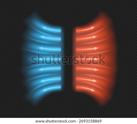 Air flows directed in opposite directions. Red and blue arrows showing wind route of air movement. Cold and hot streams. Dynamic blurred current motion vector isolated on black transparent background