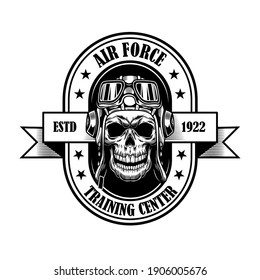 Air force academy badge design. Monochrome element with skull in pilot helmet vector illustration with text. Pilot training school concept for labels and emblems templates
