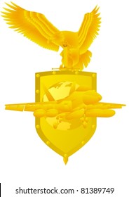 Air Force. Badge with an eagle holding a sword, shield, and military aircraft.