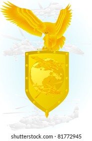 Air Force. Badge with an eagle holding a sword, shield, and military aircraft.