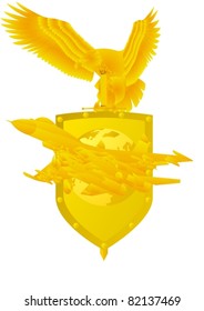 Air Force. Badge with an eagle holding a sword, shield, and military aircraft.