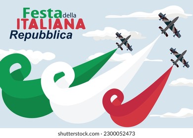  Air Force celebrating, jet planes parade Italy's Republic Day card. Fighters releasing colours white, green and red smoke.