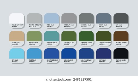 Air Force Color Palette, Air Force Color Guide Palette with Color Names. Catalog Samples of AirForce with RGB HEX codes and Names.Air Force Colors Palette Vector, Fashion Trend Air Force Colors