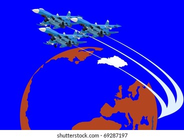Air force. Combat fighter flight against the backdrop of the Earth.