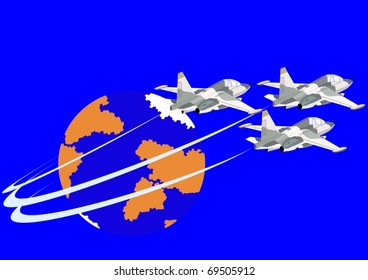 Air force. Combat fighter flight against the backdrop of the Earth.