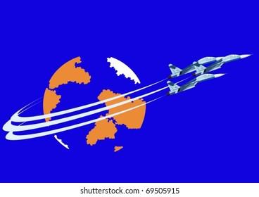 Air force. Combat fighter flight against the backdrop of the Earth.
