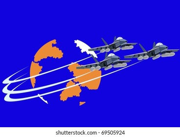 Air force. Combat fighter flight against the backdrop of the Earth.