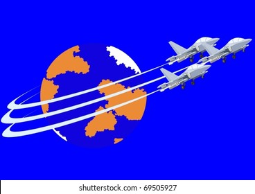 Air force. Combat fighter flight against the backdrop of the Earth.