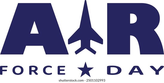 The Air Force Day logo features bold navy typography and a prominent jet silhouette centered on the word "AIR." Below it, the words "FORCE DAY" are displayed with stars separating them.