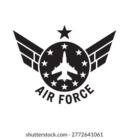 Air force emblem with jet and wings black silhouette on white
