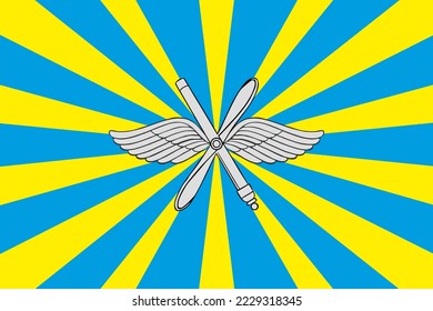 Bandera de la fuerza aérea de la Federación Rusa ilustrada como vector aislada. Orgulloso símbolo militar de Rusia. Abran las alas y la hélice del escudo de armas del avión. Heredero de la Unión Soviética o legado de guerra de la URSS.