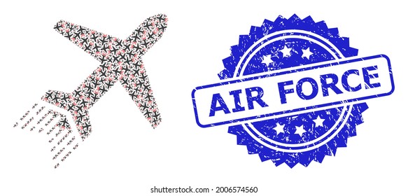 Air Force Grunge Seal Imitation And Vector Recursive Mosaic Jet Liner. Blue Stamp Seal Contains Air Force Tag Inside Rosette. Vector Mosaic Is Designed Of Randomized Rotated Jet Liner Items.