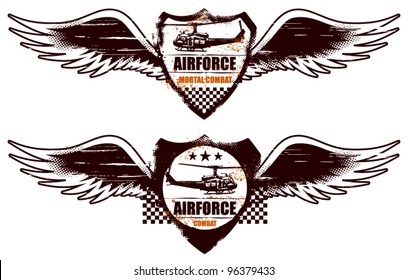 air force grunge shield with wings and helicopter