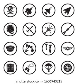 Air Force Icons. Black Flat Design In Circle. Vector Illustration.