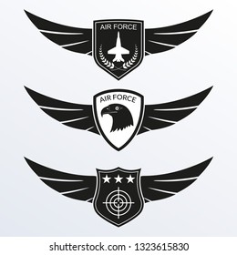 Air Force logo with shield and wings. Military badges. Army patches. Vector illustration. 