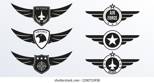 Air Force logo with wings, shields and stars. Military badges. Army patches. Vector illustration. 