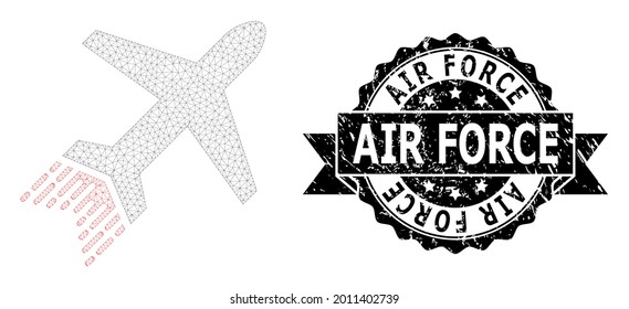 Air Force Scratched Seal And Vector Jet Liner Mesh Structure. Black Seal Contains Air Force Tag Inside Ribbon And Rosette. Abstract 2d Mesh Jet Liner, Designed With Flat Mesh.