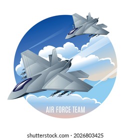 Air Force Team, vector illustration isometric icons on isolated round background
