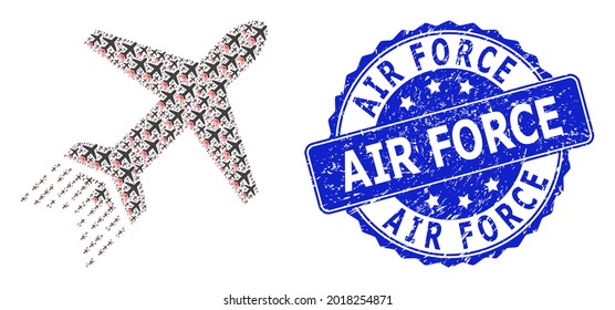 Air Force Unclean Round Stamp Seal And Vector Recursion Collage Jet Liner. Blue Stamp Seal Includes Air Force Tag Inside Round Shape. Vector Collage Is Done From Scattered Jet Liner Pictograms.