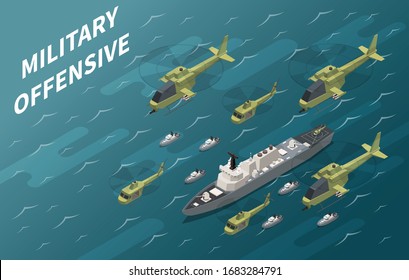 Air Forces Military Offensive Operation Using Aircrew And Naval Enforcement Isometric Composition Ocean Background Vector Illustration 