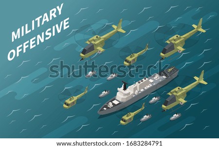 Air forces military offensive operation using aircrew and naval enforcement isometric composition ocean background vector illustration 