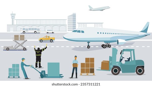 Air freight at the airport on the tarmac with airplane,  illustration