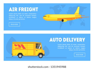 Air Freight, Auto Delivery Horizontal Banners Set, Commercial Shipping Transportation, Cargo Tracking Service Vector Illustration