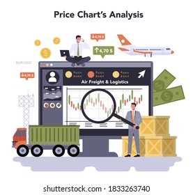 Air freight and logistic industry online service or platform set. Cargo transportation service. Price chart analysis. Vector illustration