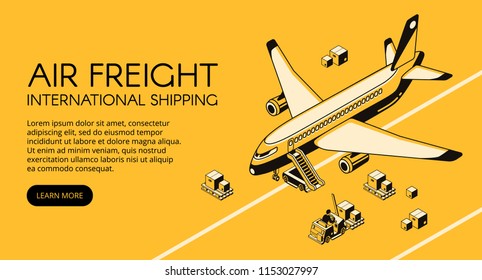 Air freight logistics vector illustration of airplane and parcels on forklift truck or loader pallet from warehouse. Delivery shipping transport isometric black thin line on yellow halftone background