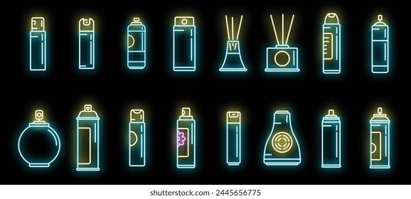 Air freshener icons set flat vector. Auto breathe. Air freshener neon color on black